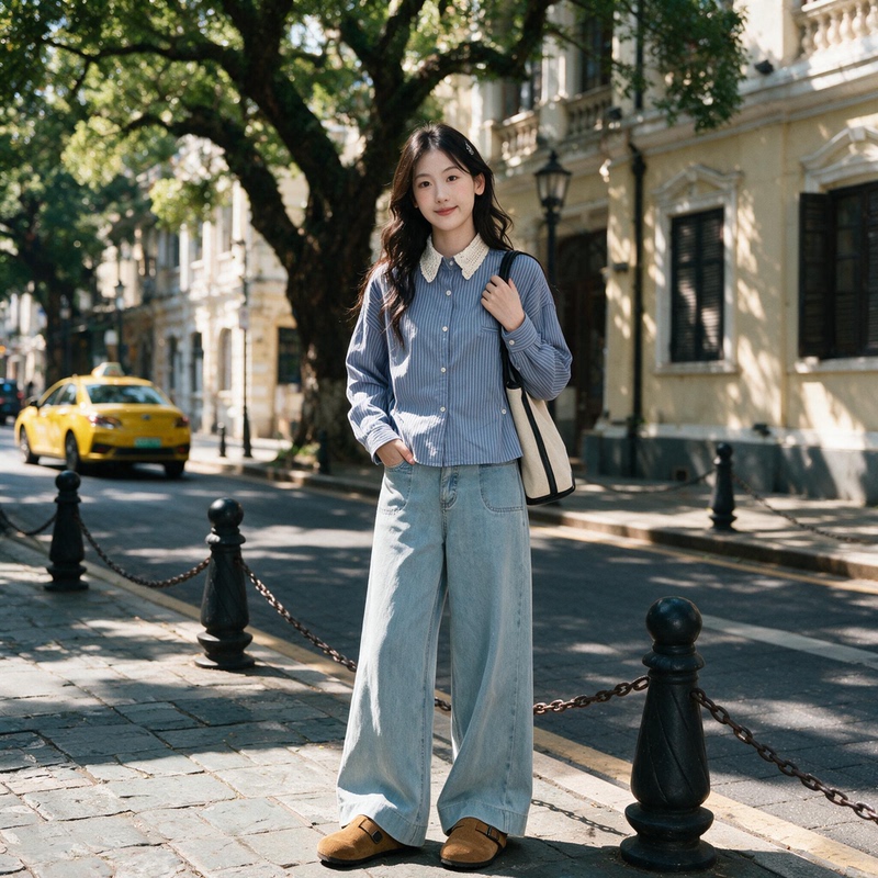 【Min Xiao Yi】Blue Xuyu Brand Korean-Style Lace Trim Striped Long-Sleeve Shirt for Women, Age-Reducing Blue Waist-Cinching Top 【Min Xiao Yi】Blue Xuyu Brand Korean-Style Lace Trim Striped Long-Sleeve Shirt for Women, Age-Reducing Blue Waist-Cinching Top