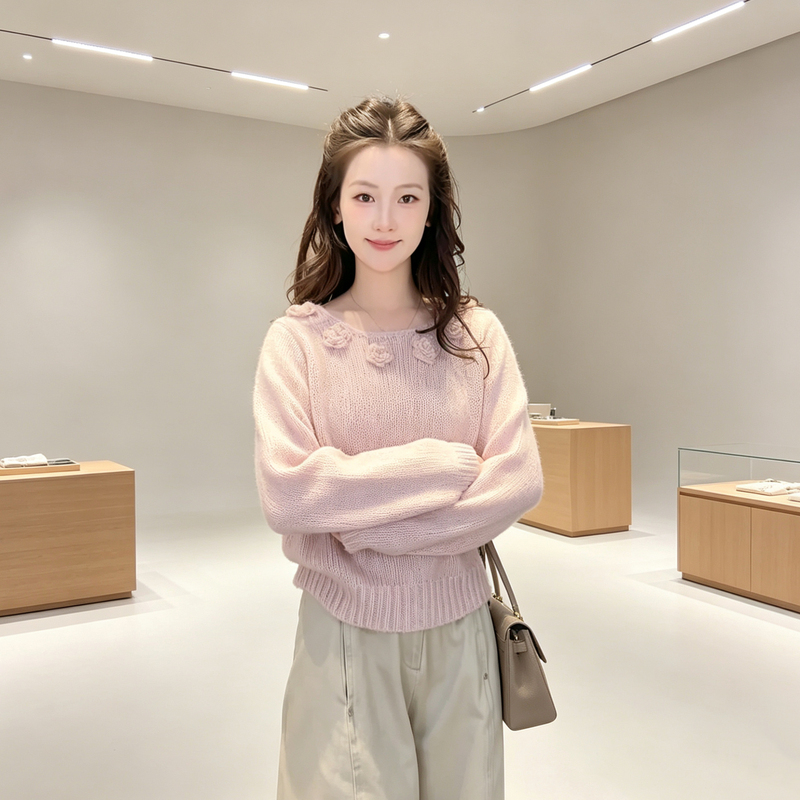 【Min Xiaoyi】Pink Rose Early Autumn Knitted Sweater for Women, Long Sleeve with 3D Flower Decoration, Pink Inner Top 【Min Xiaoyi】Pink Rose Early Autumn Knitted Sweater for Women, Long Sleeve with 3D Flower Decoration, Pink Inner Top
