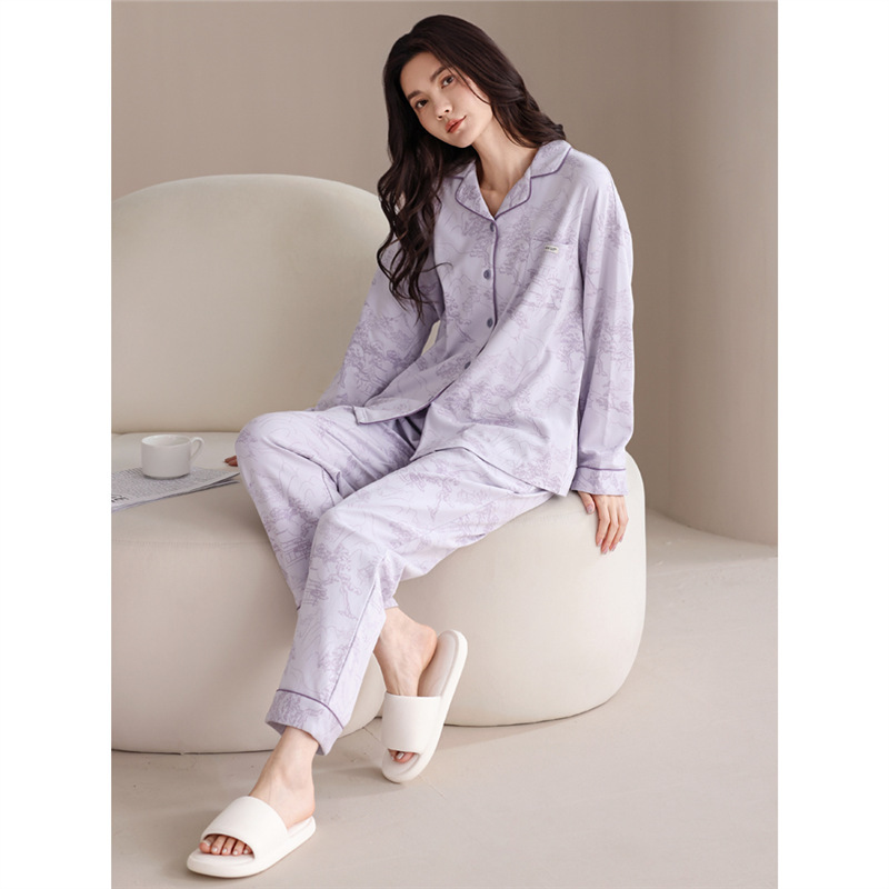 New Style Pajamas for Women in Spring and Autumn, Soft Cotton Long-Sleeved Chinese Style Purple Home Clothes, Fashionable Cardigans, Loose Large Size Suits