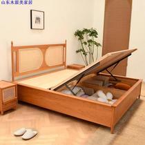 Japanese cherry wood retro solid wood rattan bed Nordic black walnut air pressure box storage double bed