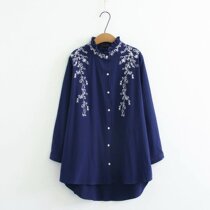 Middle-aged and elderly womens spring shirt long-sleeved embroidered cotton plus size loose mother top summer granny shirt