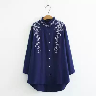 Middle-aged and elderly women's spring shirt long-sleeved embroidered cotton plus size loose mother top summer granny shirt