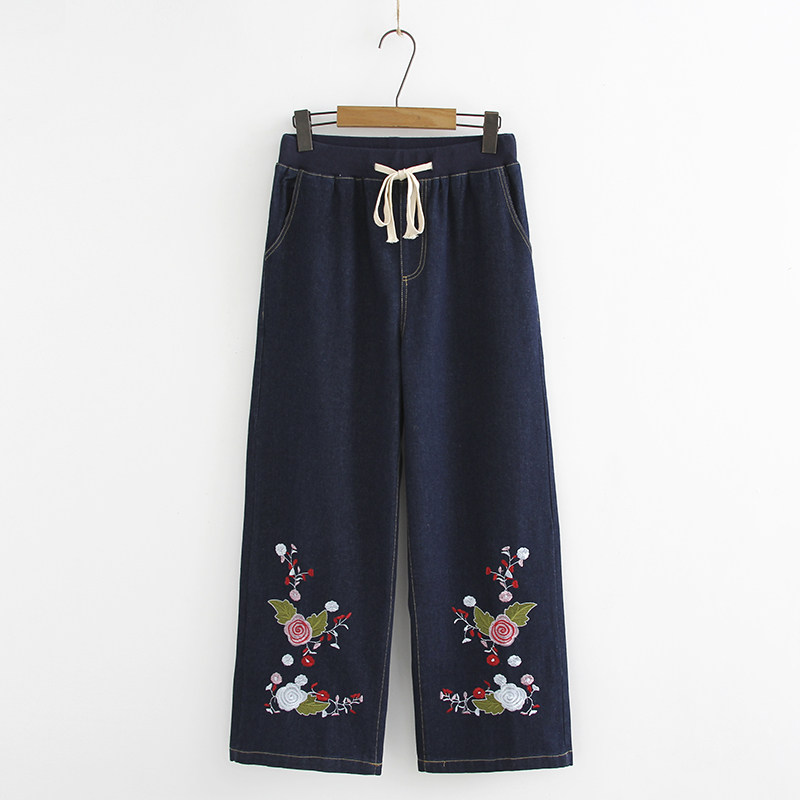 Mom's broad legged straight jeans embroidered autumn loose waist loose fat plus large yards old lady trousers