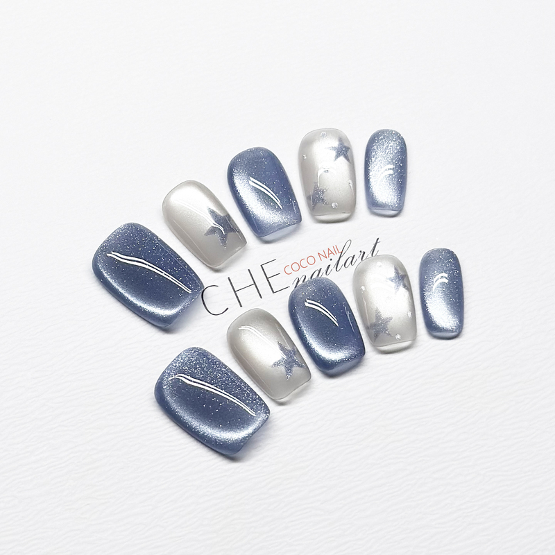 2026 New Handmade Manicure Wearable Nails, Mist Blue Broken Star Cat Eye, Daily Commute Short Style, High-End Feel, Brightening Effect 1339