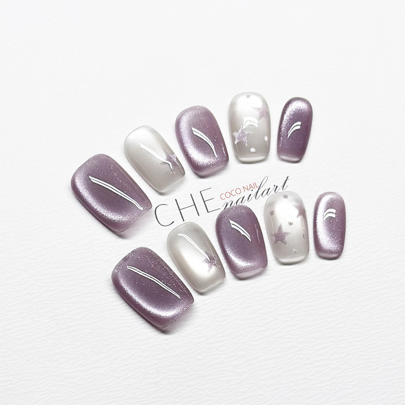 2026 New Handmade Manicure Wearable Nails, Misty Purple Cat Eye, Gentle, Suitable for Daily Commute, Short Style, High-End Feel, Brightening Effect 1373