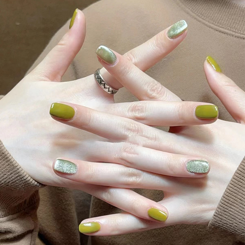 Handmade Wearable Nails, Spring-Colored Lawn Manicure Finished Product, Summer High-End Cat's Eye Crystal Nail Pieces, Removable Nail Patches Handmade Wearable Nails, Spring-Colored Lawn Manicure Finished Product, Summer High-End Cat's Eye Crystal Nail Pieces, Removable Nail Patches