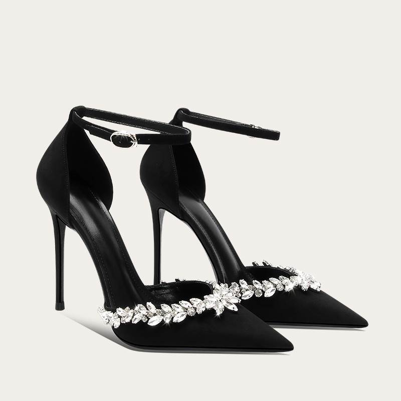 French-Style Closed-Toe Sandals for Women, Black Stiletto High Heels, Pointed Toe, Single Strap with Rhinestones, Elegant and Comfortable Shoes French-Style Closed-Toe Sandals for Women, Black Stiletto High Heels, Pointed Toe, Single Strap with Rhinestones, Elegant and Comfortable Shoes