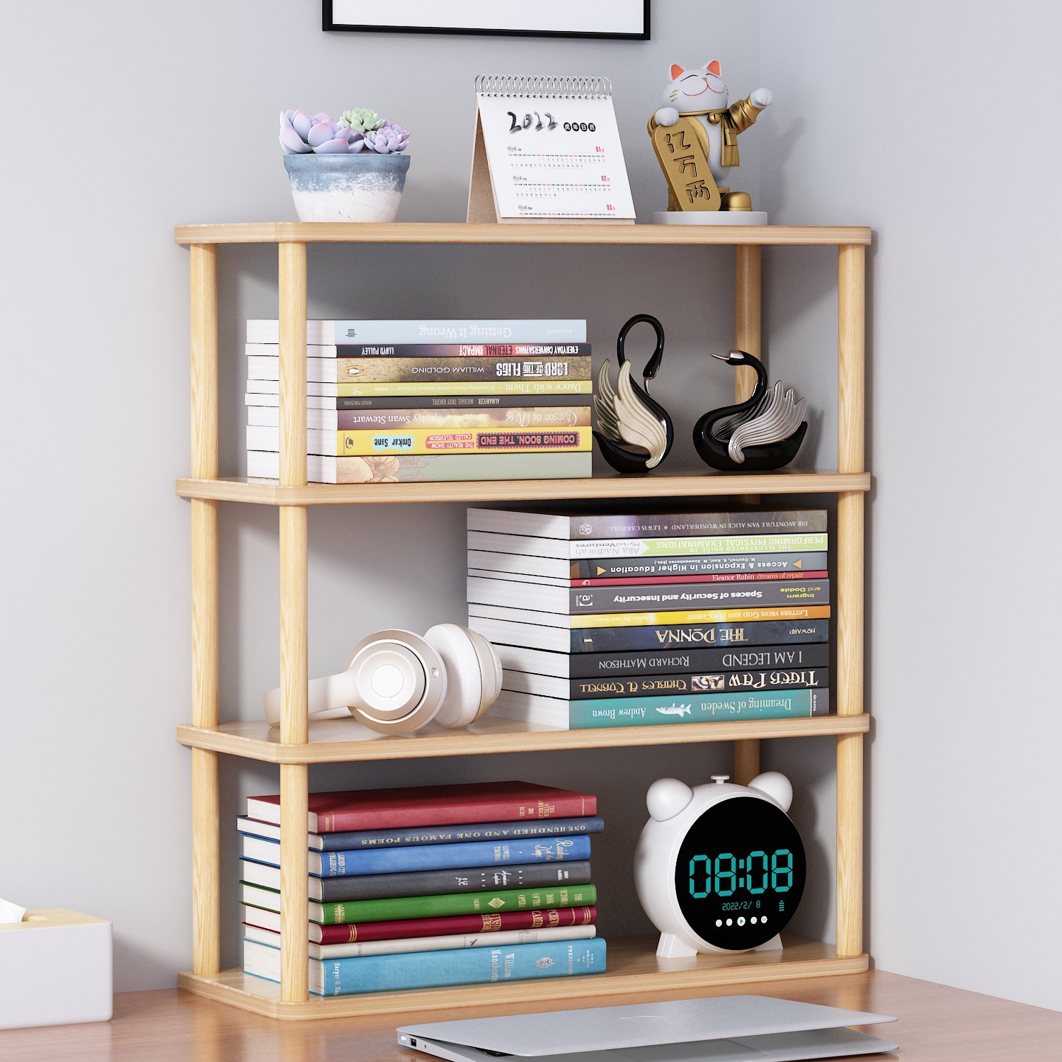 Simple bookshelf Desktop Shelf desk on desk Children's storage desk multilayer separator solid wood rods Small storage
