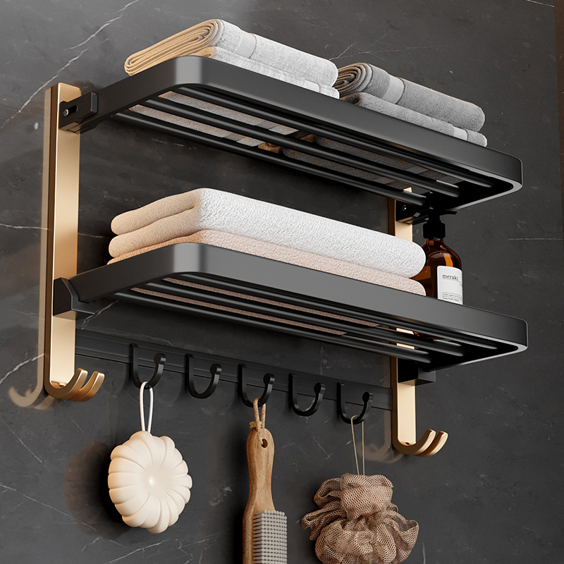 Space aluminum powder room rack free punch bathroom towel rack toilet wall-mounted folding bath towel rack storage