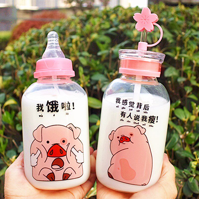 Net Red Bottle Cup Shake the same South Korea New Cute Cartoon Adult Straw Glass Cup Portable with Adult Learn