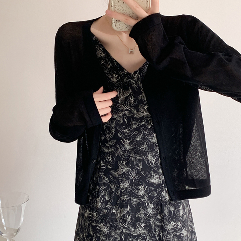 Black Ice Silk Sun Protection Cardigan for Women, Thin Knitted Sweater Jacket, Summer Short Style, Paired with a Slip Dress, Shawl, Cover-Up Black Ice Silk Sun Protection Cardigan for Women, Thin Knitted Sweater Jacket, Summer Short Style, Paired with a Slip Dress, Shawl, Cover-Up