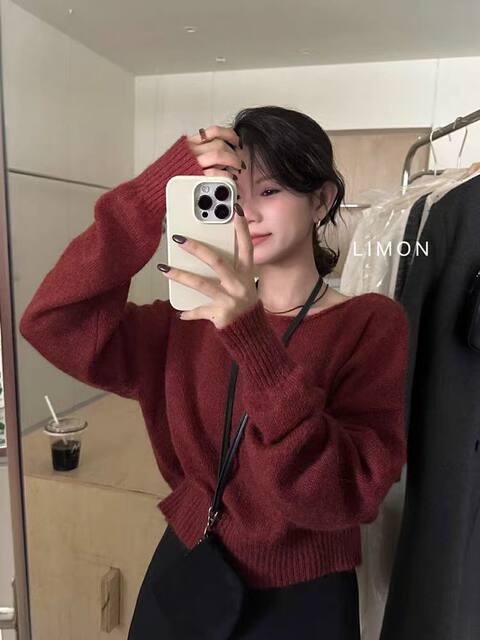 Klein Blue Gentle and Soft Mohair Knit Sweater for Women, New Spring Style, Off-Shoulder Base Layer Sweater Top