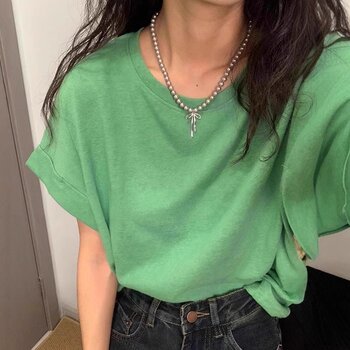 Korean-Style Green Design Round-Neck Short-Sleeve T-Shirt for Women, Suitable for Outerwear in Summer, Solid Color, Loose Fit, Trendy Half-Sleeve Top, Thin
