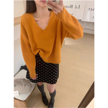 High-End Orange Soft V-Neck Pullover Knit Sweater for Women, Autumn and Winter Lazy Style Raccoon Fur Sweater, Thickened Top