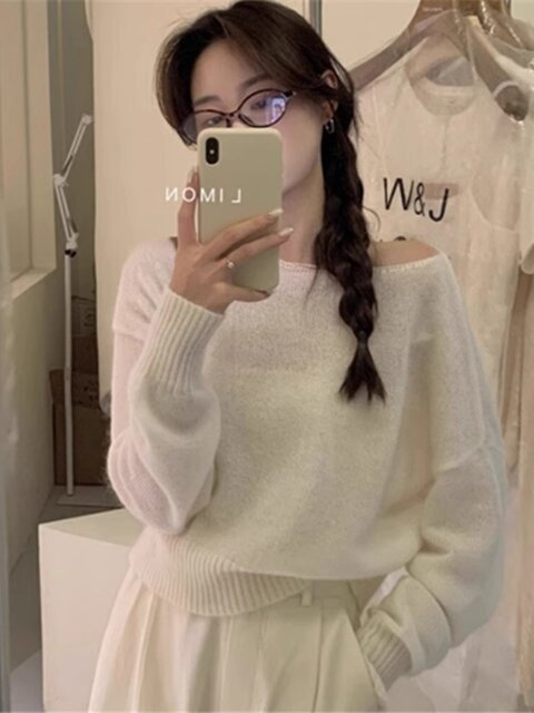 Klein Blue Gentle and Soft Mohair Knit Sweater for Women, New Spring Style, Off-Shoulder Base Layer Sweater Top