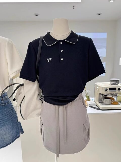 French-Style High-End Bow Embroidery Elegant Polo Collar Short-Sleeved T-Shirt for Women, Summer Half-Sleeve Turn-Down Collar Top