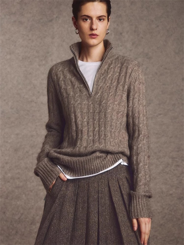 Coffee-Colored Lapel Vintage Cashmere Cable Knit Half-Zip Turtleneck Sweater for Women, Winter Thick Inner Layer Top