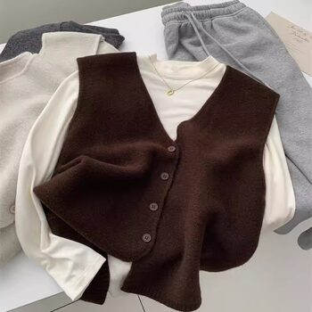 Soft and High-End V-Neck Knitted Cardigan Vest for Women, Suitable for Layering in Autumn and Winter, Sleeveless Outerwear