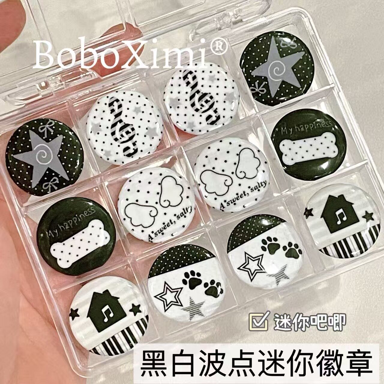 Pin lencana 25mm comel kartun hiasan jurnal mini titik polka hitam putih gaya asal comel