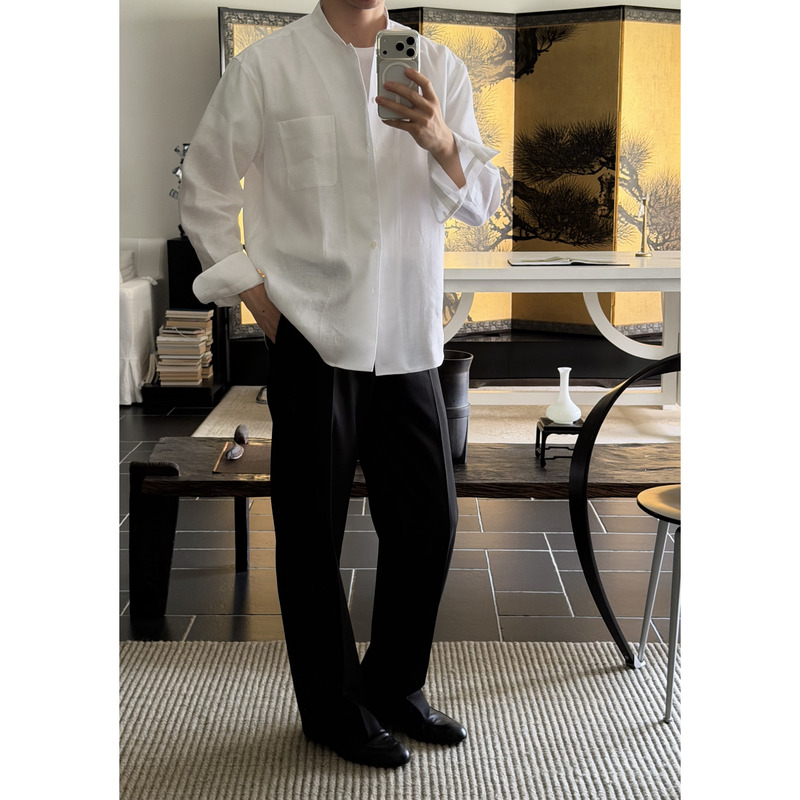 Eco Estivo Summer White Chinese-Style Stand-Up Collar Linen Loose Long-Sleeved Shirt Unisex Eco Estivo Summer White Chinese-Style Stand-Up Collar Linen Loose Long-Sleeved Shirt Unisex