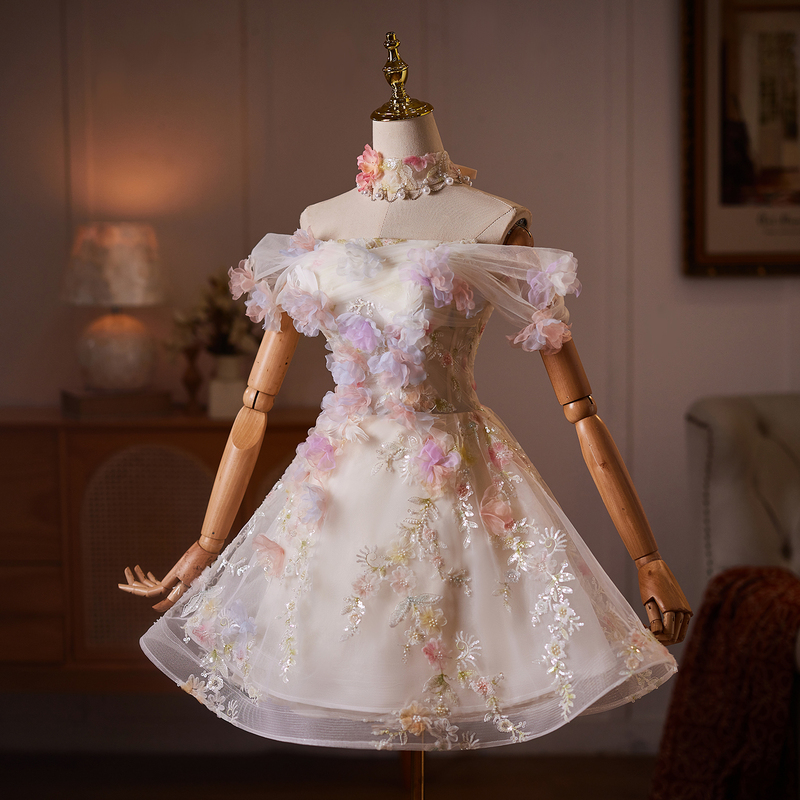 Sweet Style One-Shoulder Tube Top Evening Dress with Floral Embroidery, Short Birthday Girl Party Dress with a High-End Feel and Princess Puffy Skirt