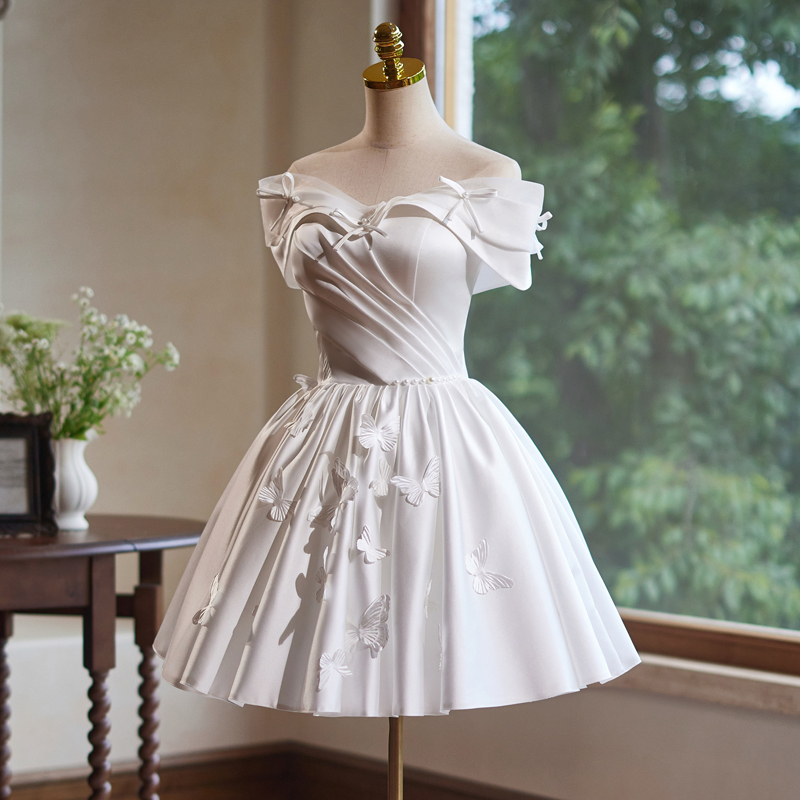 White Fabric Wedding Dress, Small White Dress for Marriage Registration, Birthday Party, Short Elegant Dress for Hostess Banquet