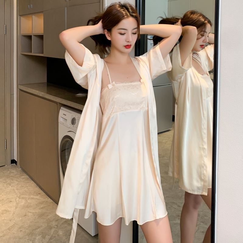 SADO YINER summer new ice silk pajamas women's high-end sexy lace sling nightdress nightgown two-piece set - Taobao
