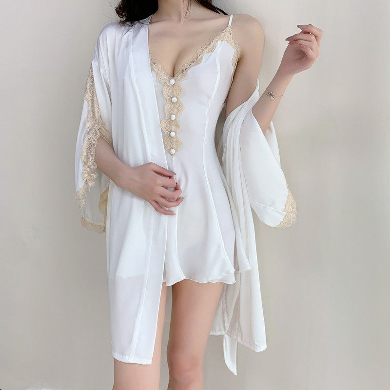SADO YINER ice silk pajamas women's summer thin sexy lace lace suspenders nightdress bridal dressing gown suit