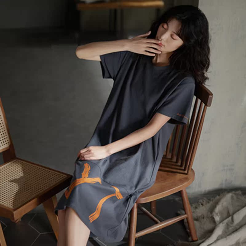 SADO YINER thin cotton pajamas women's summer mid-length loose large-size nightdress can be worn outside
