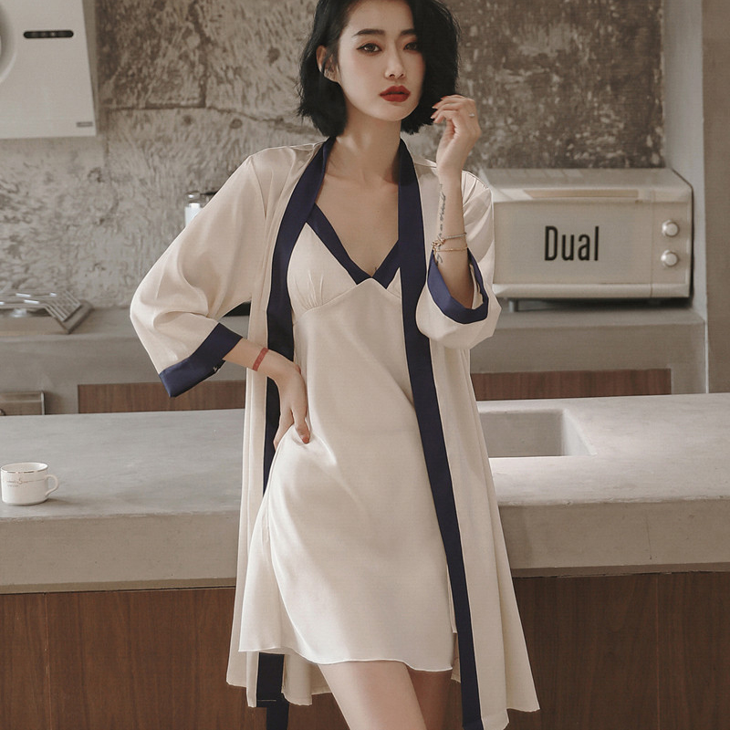 SADO YINER summer ice silk pajamas women with chest pads sexy suspenders nightdress spring and autumn home clothes two-piece set - Taobao