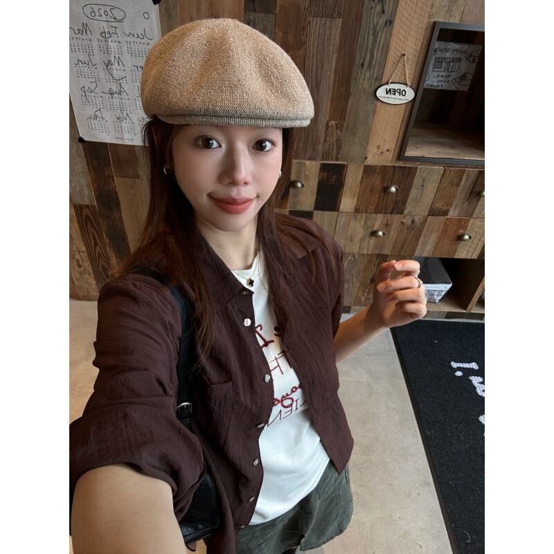 Jmhh【Bitter American Style】Vintage Dark Coffee Color Textured Shirt for Women, Summer Relaxed Fit, Loose and Slimming Long Sleeve Shirt