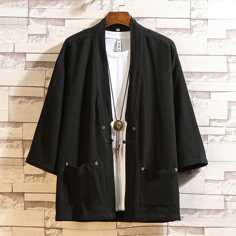 Chinese-Style Men's Clothing, Improved Hanfu Robe, Japanese-Style Kimono, Haori, Three-Quarter Sleeve Linen Cardigan, Sun Protection Clothing for Summer Chinese-Style Men's Clothing, Improved Hanfu Robe, Japanese-Style Kimono, Haori, Three-Quarter Sleeve Linen Cardigan, Sun Protection Clothing for Summer