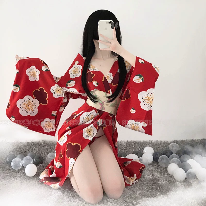 CHEESECHIP: Áo choàng ngủ màu đỏ hoa anh đào, áo choàng tắm suối nước nóng kiểu kimono Nhật Bản, áo dài yukata hoa kiểu Nhật - Night Robe