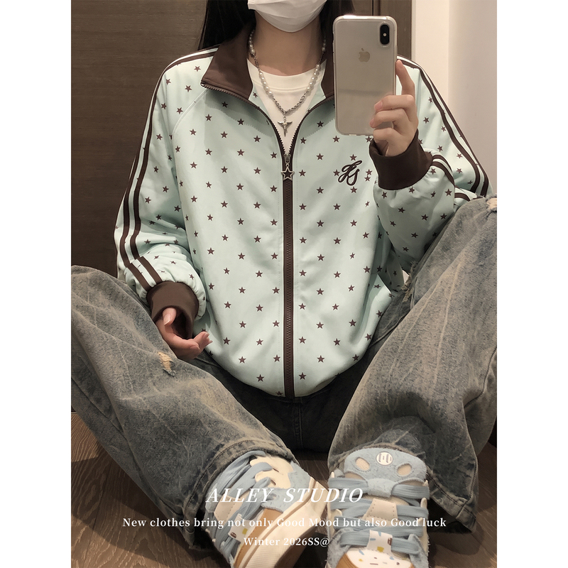 Stunningly Beautiful Niche Style Star-Print Mint Green Jacket for Women, Autumn Couple's Loose Casual Stand-Collar Zip-Up Jacket