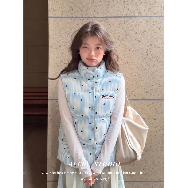 Light Blue Vertical Striped Polka Dot Stand Collar Cotton Vest for Women, Autumn and Winter Loose Embroidered Sleeveless Padded Vest Jacket Light Blue Vertical Striped Polka Dot Stand Collar Cotton Vest for Women, Autumn and Winter Loose Embroidered Sleeveless Padded Vest Jacket
