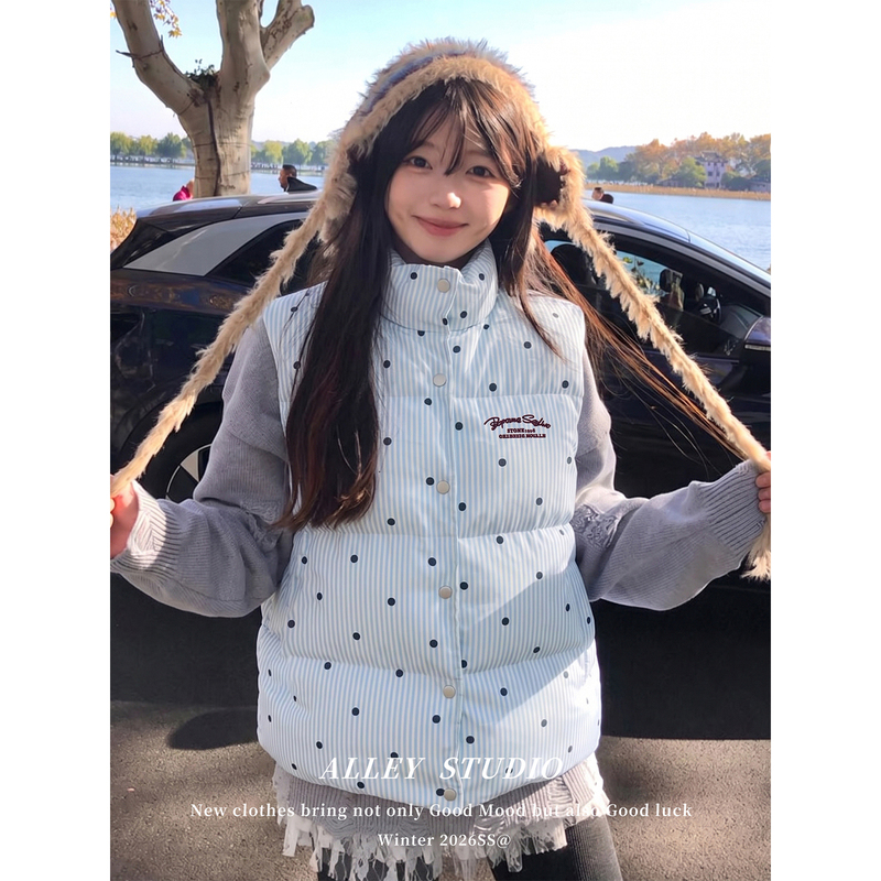 Korean-Style Girly Blue and White Striped Letter Embroidery Outerwear Vest for Women, Loose and Versatile, Thickened Autumn and Winter Cotton Vest Korean-Style Girly Blue and White Striped Letter Embroidery Outerwear Vest for Women, Loose and Versatile, Thickened Autumn and Winter Cotton Vest