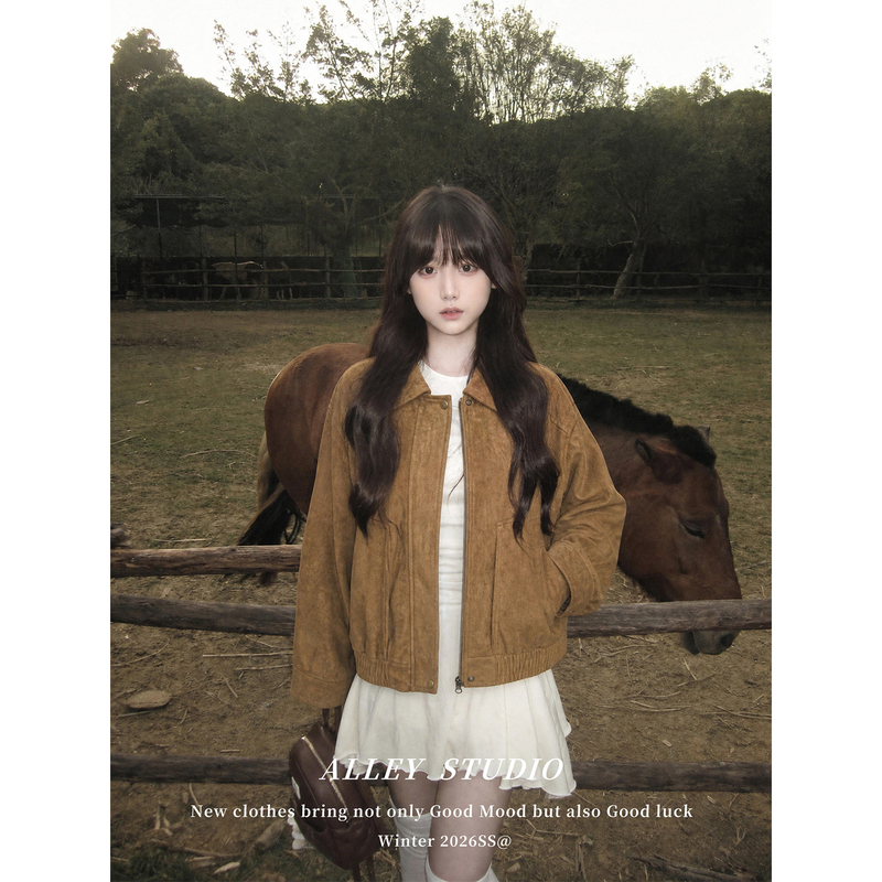 Korean Style Brown Lapel Suede Jacket for Women, Autumn Short Loose-Fitting Melard Retro Leather Jacket