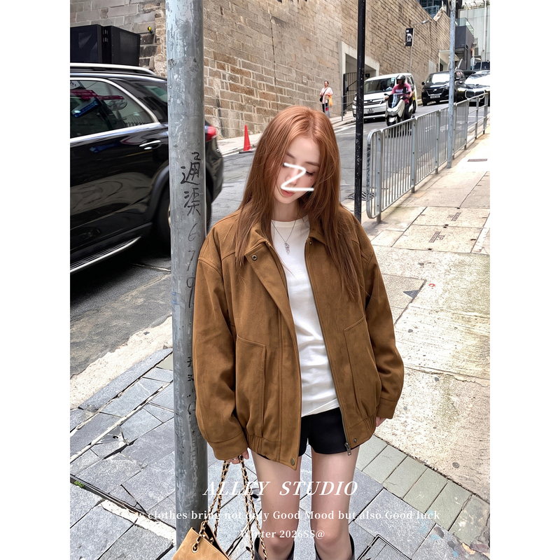 American Retro Suede Lapel Jacket for Women, Autumn, Petite, Loose, Short, Melard Workwear Leather Jacket