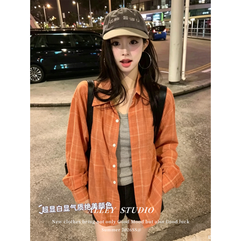 Korean-Style Ultra-Flattering and Stunningly Beautiful Orange Plaid Shirt, Sun-Protective Jacket for Women, Summer Thin Style, Lazy Style Polo Collar Shirt