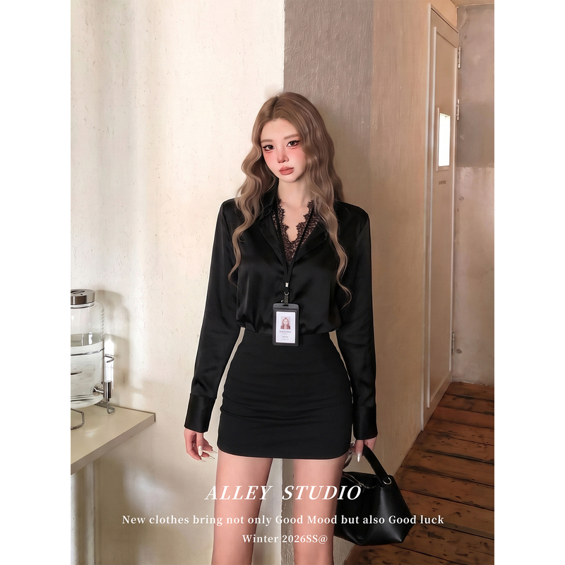 French-Style Mature and Elegant Black V-Neck Long-Sleeve Shirt for Women, Autumn Commuting Secretary Workplace Outfit Lace Blouse French-Style Mature and Elegant Black V-Neck Long-Sleeve Shirt for Women, Autumn Commuting Secretary Workplace Outfit Lace Blouse