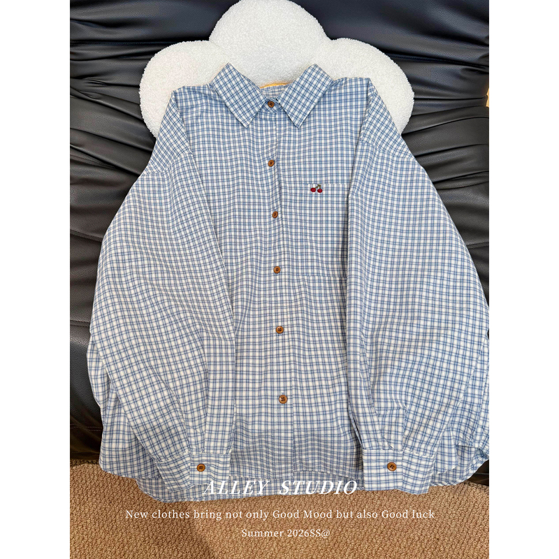 Cherry Embroidery Pure Cotton Plaid Blue Shirt Women's Top Spring 2026 New Design Niche Sun Protection Jacket