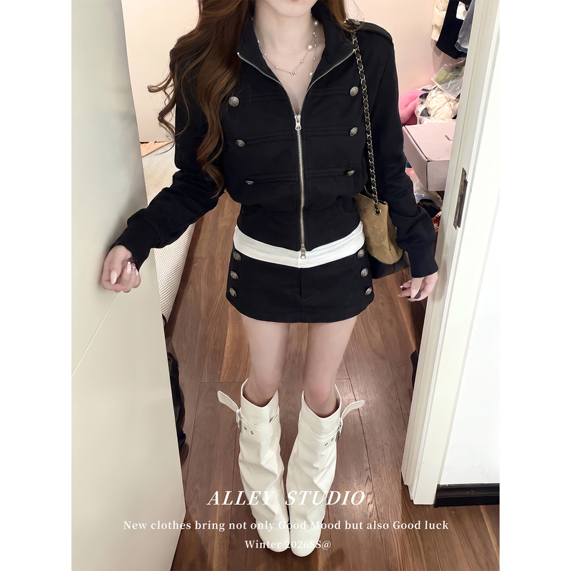 【Stylish Arrival】Cool Girl Napoleon Exquisite Jacket for Women, Autumn Vintage Zipper Cardigan with Stand Collar 【Stylish Arrival】Cool Girl Napoleon Exquisite Jacket for Women, Autumn Vintage Zipper Cardigan with Stand Collar