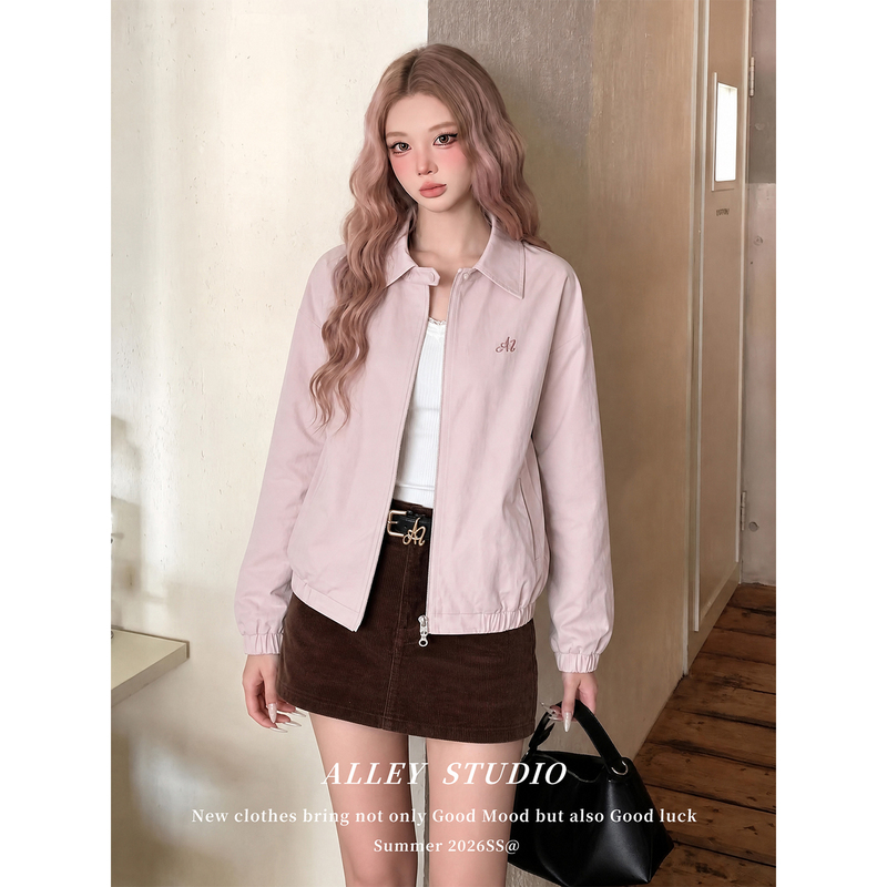 Korean-Style Lapel Zipper Light Pink Short Jacket for Women, Autumn Casual Versatile Stylish Lazy Style Embroidered Top