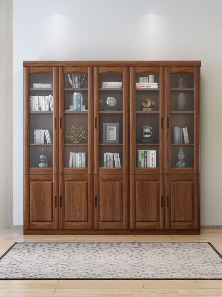 Gongxiong furniture modern minimalist solid wood bookcase new Chinese style with glass door storage cabinet overall bookcase bookshelf combination - Taobao