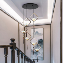 New Chinese stair chandelier Plum Zen Lotus restaurant Villa living room hollow rotating loft Stair long chandelier
