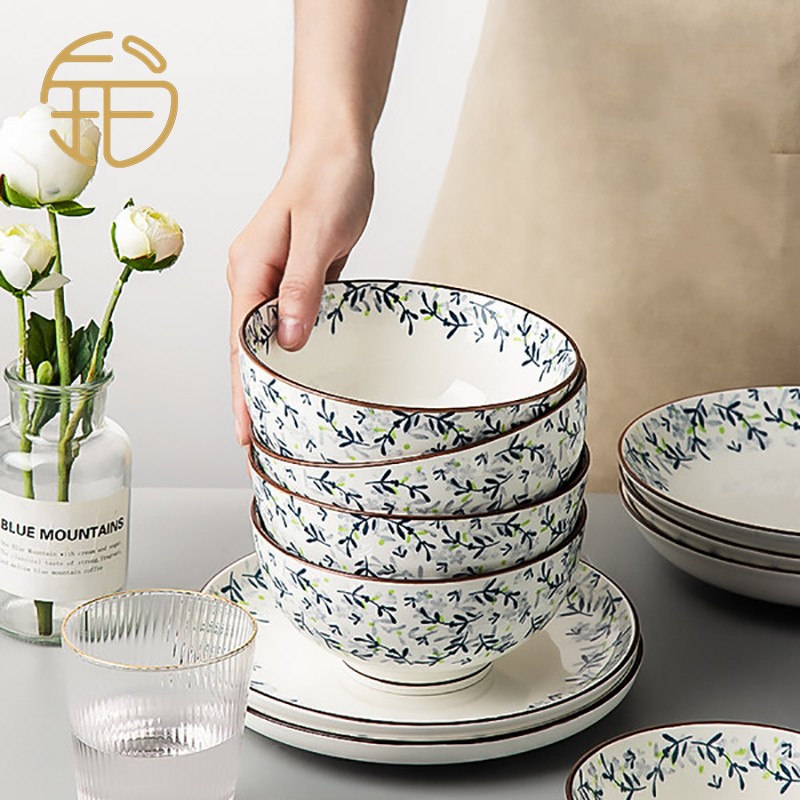 Japanese-style hand-painted plates and plates household ceramic deep plates creative plates good-looking bowls and plates personalized tableware Lanzhi