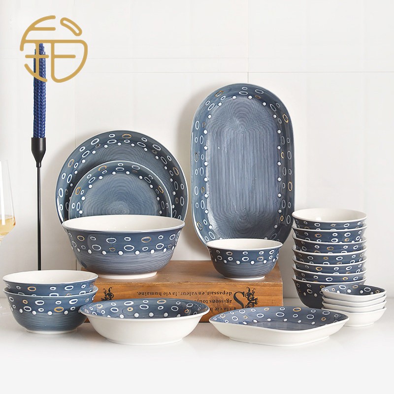 Japanese-style simple water ripple bowl and dish set household tableware set ceramic rice bowl plate dish bowl chopsticks combination