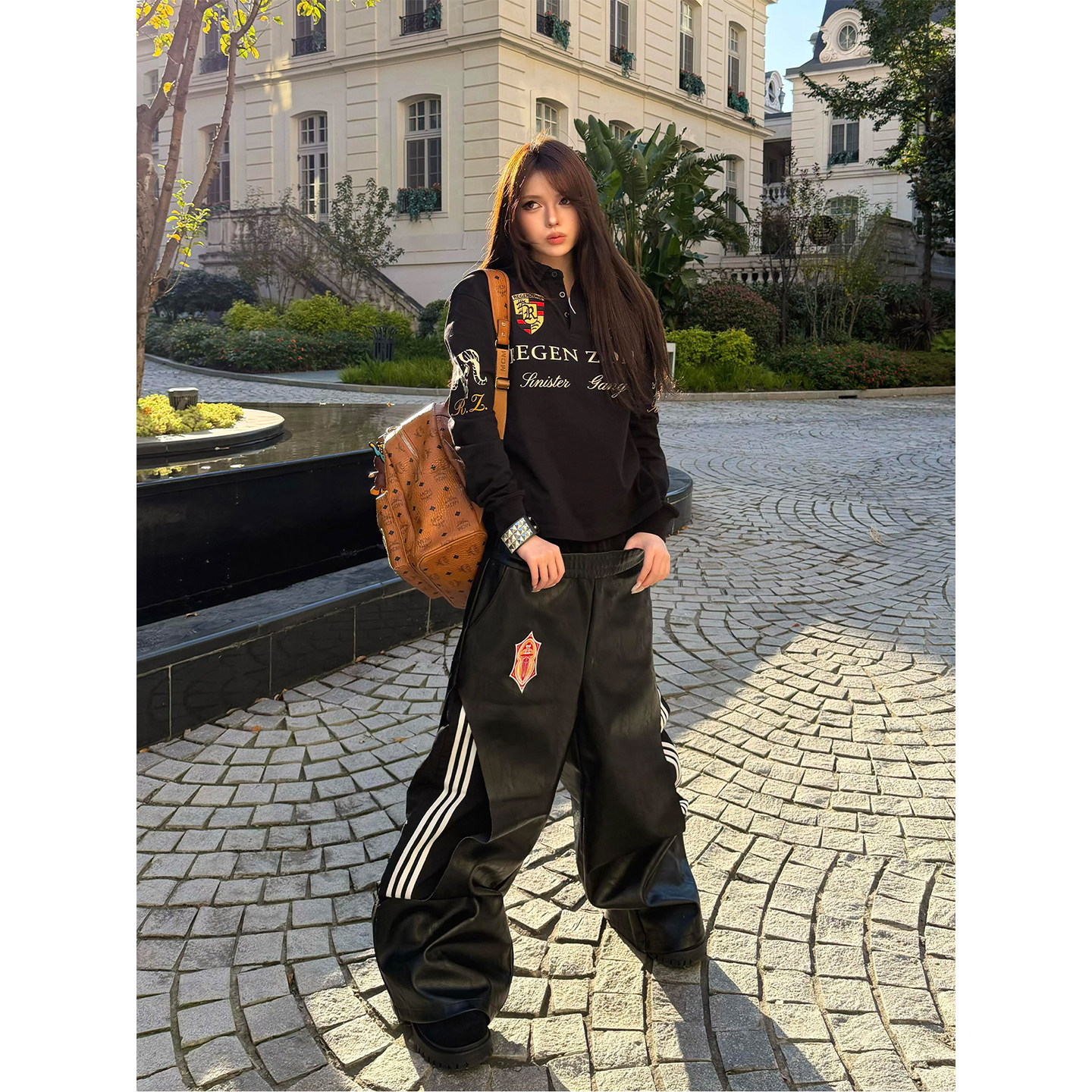 American high-street style double-waisted patchwork wide-leg pants, unisex subculture visual kei three-stripe faux two-piece leather pants