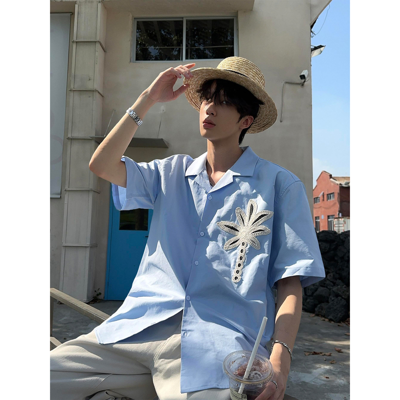 [Blue Hawaii] Coconut Tree Embroidered Shirt with Cuban Collar and Short Sleeves for Men, Summer Lazy Style, High-End Ice Silk Shirt