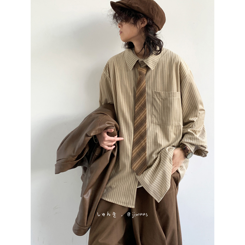 Japanese Retro Corduroy Striped Shirt for Men and Women, Loose Casual Long-Sleeved Shirt, High-End Coffee Brown Jacket